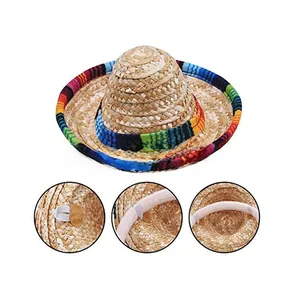 Detail view of mini Mexican straw hat headband with colorful striped trim for parties