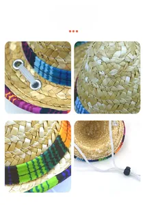 Detail view of mini Mexican pet straw hat with colorful band and adjustable chin strap