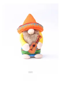 Detailed front view of a festive plush Mexican gnome doll holding a miniature guitar