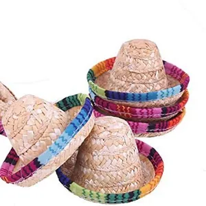 Miniature woven straw Mexican sombreros with colorful fabric trim for pets or bottle decoration.