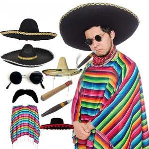 Mexican party costume set with colorful poncho, sombrero hat, mustache, and cigar props.