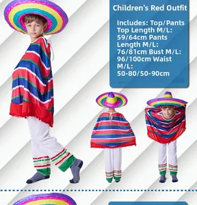 Detailed size specifications for children's Mexican poncho and straw hat costume set