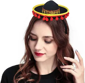 Detailed view of mini Mexican sombrero headband worn by a model for fiesta party