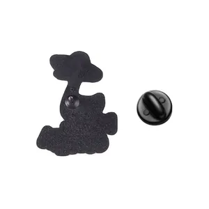 Detailed back view of cartoon goose metal brooch with secure black rubber pin clutch