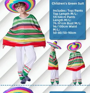 Detail view of children's Mexican poncho costume and straw hat including size chart