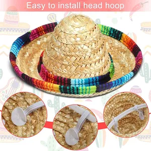 Close-up showing the easy-to-install elastic head hoop on the mini Mexican straw hat