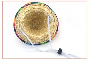 Detailed view of mini Mexican pet straw hat interior with adjustable elastic chin strap