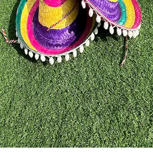 Vibrant colorful Mexican straw hats with white pompom trim on green grass background