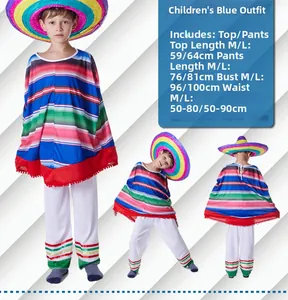 Multiple views of kids Mexican costume featuring a colorful striped poncho and matching hat