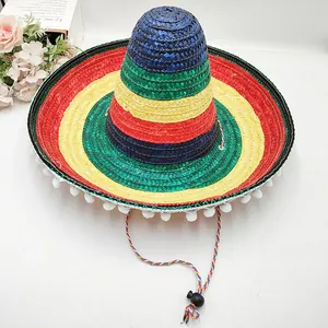 Vibrant multi-colored Mexican straw sombrero with white pom-pom trim and braided chin strap