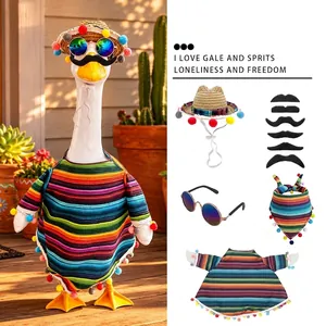 Porch Goose Mexican Costume Set Striped Serape Poncho Straw Hat Sunglasses Moustache Yard Garden Decor Festive Ornament Accessory