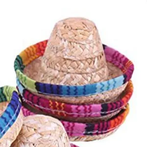 Miniature Mexican straw sombrero hat with colorful woven trim for bottle or pet decor