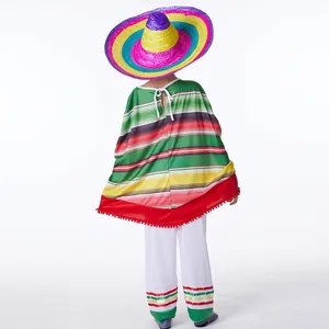 Back view of children's Mexican poncho costume with colorful wide-brimmed straw hat