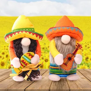 Mexican Fiesta Carnival Gnome Plush Decor Sombrero Hat Faceless Doll With Guitar Maracas Striped Handmade Gnome Ornament For Party Home Decor