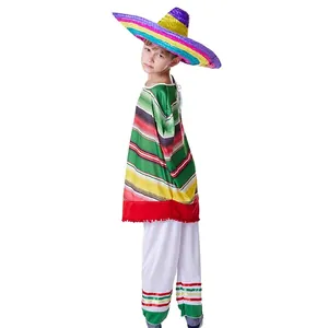 Detailed full view of kids Mexican poncho and colorful sombrero costume set for Halloween party