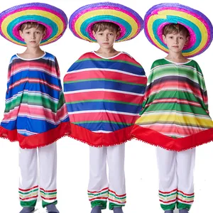 Kids Boys Mexican Poncho Costume Halloween Cosplay Striped Ethnic Top And Bottom Acetate Polyester Performance Outfit