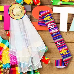 Mexican fiesta bridal set with mini straw hat veil and 'Bride to be' striped sash