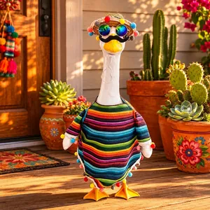 Porch goose decorative costume set with colorful Mexican poncho and straw hat accessory
