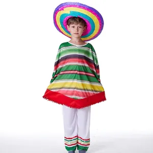 Traditional kids Mexican poncho costume set featuring a colorful sombrero hat for Halloween