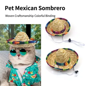 Haustier Mexikanischer Strohhut Mini Sombrero Für Hunde Und Katzen Gewebter Sonnenhut Mit Verstellbarem Riemen Bunter Besatz Dekorativer Hut