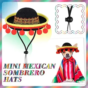 Mini cappello sombrero messicano per animali con cinturino regolabile e pompon rossi per le feste