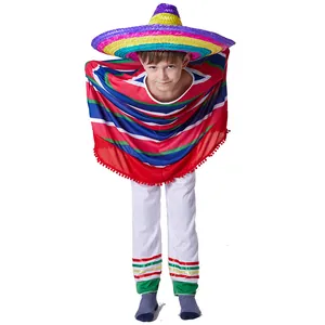 Colorful kids Mexican ethnic poncho costume with rainbow straw hat for Halloween party