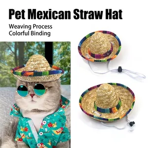 Mini Pet Sombrero Mexican Straw Hat For Small Dogs And Cats Adjustable Party Costume Sun Hat With Rainbow Trim Accessory