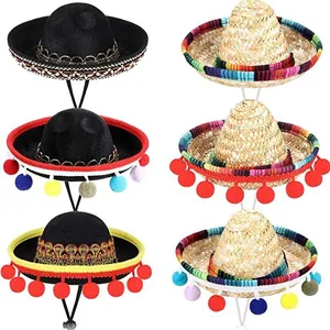 Set di 6 mini cappelli messicani sombrero con pompon colorati per decorazioni festose