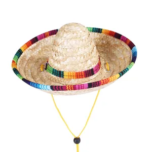 Cappello di paglia messicano per animali domestici con finiture arcobaleno e cinturino