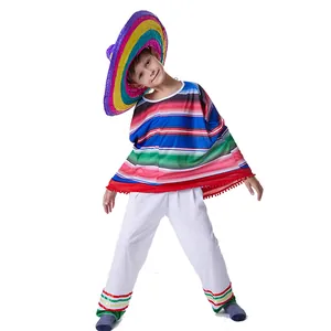 Traditional kids Mexican costume featuring colorful striped poncho and large sombrero