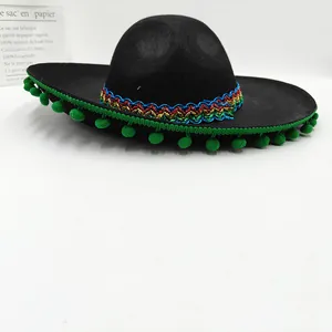 Traditional black Mexican sombrero party hat with colorful woven band and green pom-pom trim