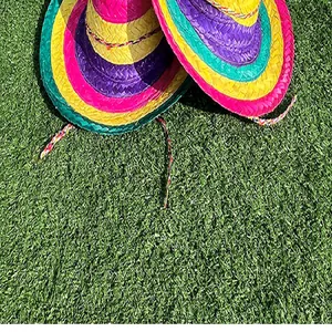 Detailed view of colorful striped Mexican straw hat resting on vibrant green grass