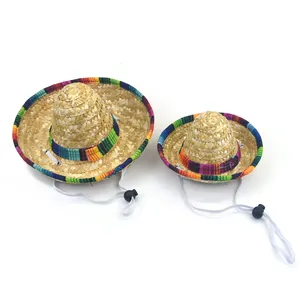 Mini Mexican straw sombrero hats for pets with adjustable straps for dogs and cats