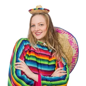 Mexican fiesta party costume set with colorful striped poncho and mini straw hat headband