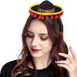 Festive Mexican mini sombrero headband with red pom poms for carnival and party decorations