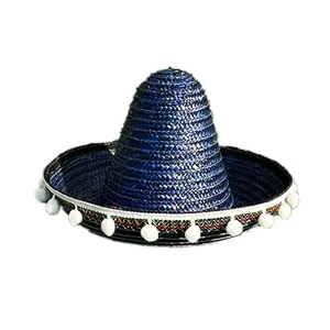 Dark blue Mexican sombrero straw hat with white pom-pom trim for Halloween party costume