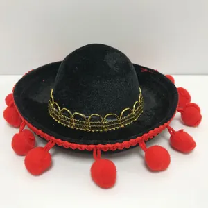 Mini chapeau mexicain noir avec pompons rouges et bordure dorée pour décoration de fête