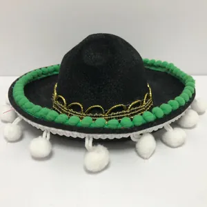 Mini sombrero mexicain noir avec bordure verte et pompons blancs pour décoration