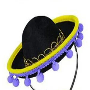 Serre-tête mini sombrero mexicain noir avec bord jaune et pompons mauves pour la fête.