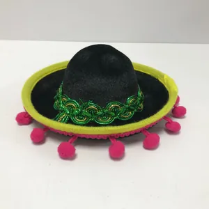 Mini sombrero mexicain noir avec pompons colorés pour décoration