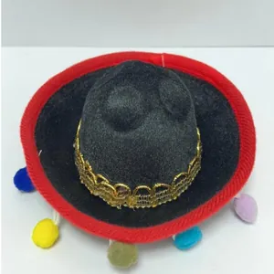 Petit chapeau sombrero mexicain avec bordure rouge et pompons colorés pour fêtes de carnaval