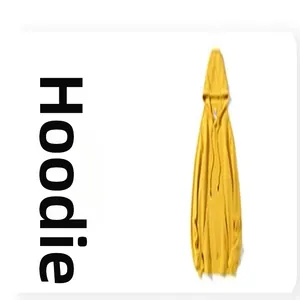 Close-up of a plain yellow long-sleeve hooded sweatshirt with drawstring and pocket