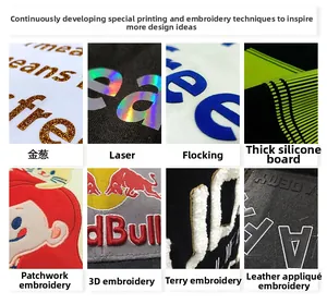Close-up of various embroidery and printing techniques for custom cotton T-shirts
