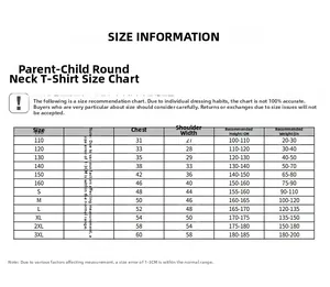 Detailed size chart for the parent-child round neck T-shirt with measurement information
