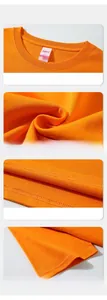 Detailed macro views of orange cotton T-shirt neckline, material texture, hem, and cuff