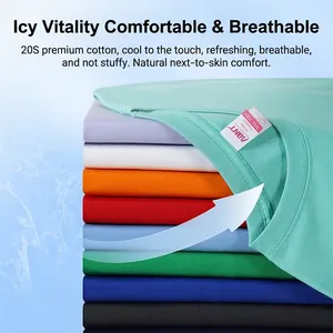 Stack of colorful 220g combed cotton short-sleeve T-shirts with ice-feeling texture