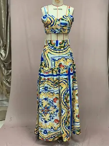 Two-piece Mediterranean style print set with crop top and maxi skirt in blue and yellow