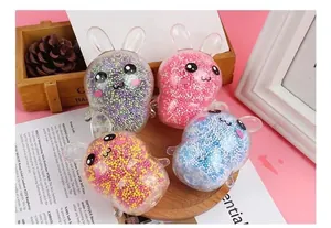 Detail view of cute rabbit-shaped stress relief toys filled with colorful foam beads