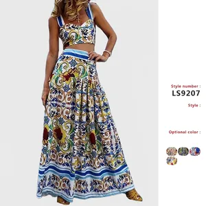 Women's Majolica Floral Print Top And Bottom Mediterranean Style Bohemian Beach Vacation Crop Top And Maxi Skirt Outfits