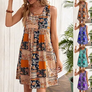 Bohemian sleeveless patchwork print summer dress showing multiple color options for women